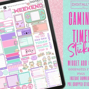 Könnte beinhalten: Ein digitaler Planer mit Stickern zum Thema Gaming. Die Sticker zeigen Spielkonsolen, Kopfhörer und Textfelder in Pastellfarben. Der Text auf dem Bildschirm lautet "Gaming Time! Stickers".