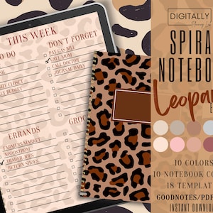 May include: A digital planner with a leopard print cover. The planner includes a weekly to-do list, a don't forget list, and an errands list. The planner is available in 10 colors and 18 templates. The planner is a Goodnotes/PDF file and is available for instant download.