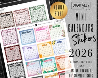 2026 Mini Calendar Stickers| GoodNotes, Notability, Noteshelf, Xodo, Penly | PNG | Digital Planning| Pre-cropped Stickers