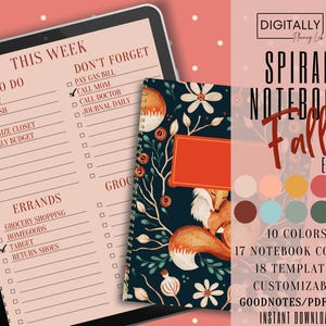 May include: A digital planner with a fall theme. The planner has a checklist for "To Do" and "Don't Forget" tasks. The planner also has a checklist for "Errands". The planner has a floral design with a fox on the cover. The planner is available in 10 colors, 17 notebook covers, 18 templates, and is customizable. The planner is available as a Goodnotes/PDF file and is an instant download.