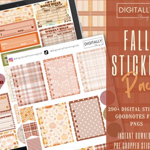 May include: A digital sticker pack with a fall theme. The stickers feature a variety of designs, including plaid patterns, leaves, and pumpkins. The pack includes 290+ digital stickers, a Goodnotes file, and PNGs. The stickers are pre-cropped and ready to download.