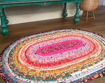 Add some color with this handmade “Flora & Fun” by Robert Kaufman Jelly Roll Rug with Spring Vibes, Indoor Rug, Nursery Rug, Washable Rug.