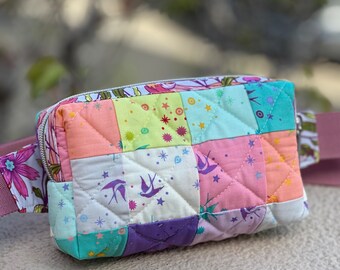 Quilted Patchwork Belt Bag, Fanny Pack, Crossbody Bag, Fairy Dust Fabric by Tula Pink