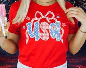 USA Bow Shirt | Patriotic Women's Tee, July 4th Outfit