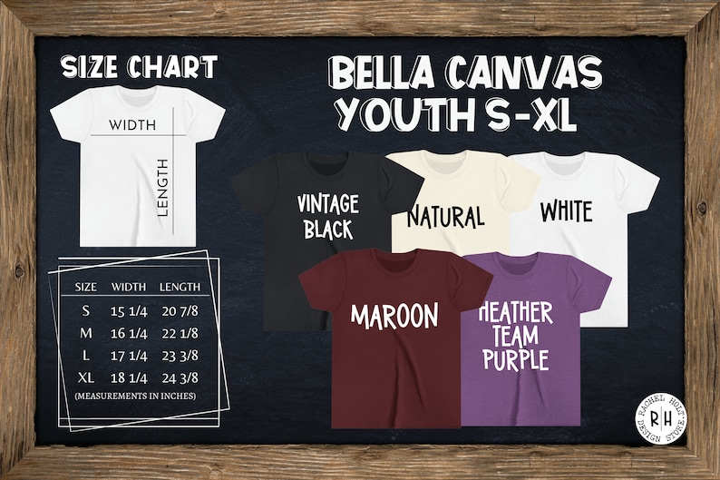 K&ouml;nnte beinhalten: Gr&ouml;&szlig;entabelle f&uuml;r Bella Canvas T-Shirts f&uuml;r Jugendliche in den Gr&ouml;&szlig;en S-XL. Die Tabelle zeigt die Breite und L&auml;nge in Zoll f&uuml;r jede Gr&ouml;&szlig;e. Das Bild zeigt auch eine Vielzahl von T-Shirt-Farben, darunter Vintage-Schwarz, Natur, Wei&szlig;, Rotbraun und Heidelbeer-Team-Lila.