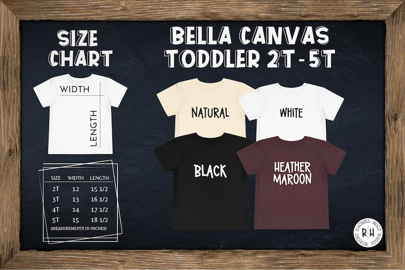 K&ouml;nnte beinhalten: Gr&ouml;&szlig;entabelle f&uuml;r Bella Canvas T-Shirts f&uuml;r Kleinkinder in den Gr&ouml;&szlig;en 2T-5T. Die Tabelle zeigt die Breite und L&auml;nge in Zoll. Das Bild zeigt f&uuml;nf T-Shirts in verschiedenen Farben: Natur, Wei&szlig;, Schwarz, Heather Maroon.