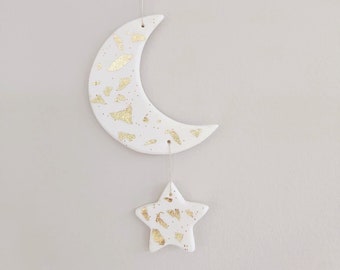 Moon star white leaves gold golden glitter art interior decoration wall sculpture made in France gift birth baby boho poetic