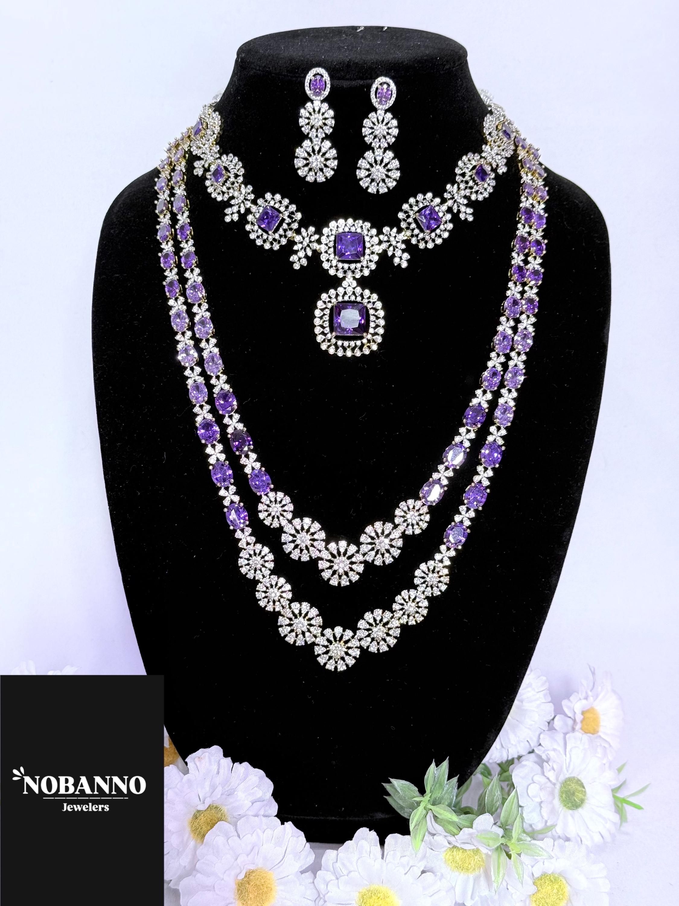 Handcrafted American Diamond Bridal Jewelry Set: Green CZ, Layered Necklace
