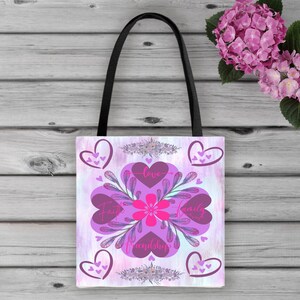 Liebe, Glaube, Familie, Freundschaft Tragetasche, All Over Print Canvas Tragetasche, tolles Geschenk für jeden Anlass