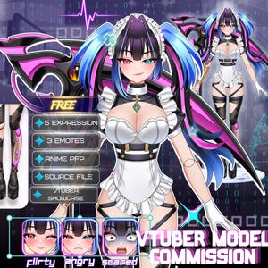 May include: A digital anime-style character model featuring a maid outfit with white ruffles, black accents, and blue and purple hair. The display includes text labels for 5 expressions, 3 emotes, anime PFP, source file, and VTUBER MODEL COMMISSION.