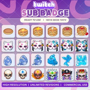 Può includere: Una collezione digitale di badge per abbonati Twitch con quattro file di sei icone. Le file mostrano pile di pancake, maschere da gatto con dettagli floreali, stadi evolutivi di uccelli blu e teschi con vari accessori come corone e fiamme.