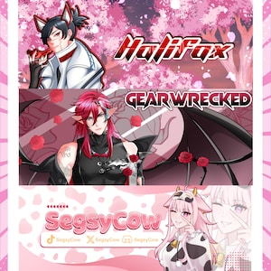 K&ouml;nnte beinhalten: Drei digitale Banner mit Anime-Charakteren. Oben ist eine maskierte Figur mit dem Text Halifax zu sehen. In der Mitte eine gefl&uuml;gelte Figur mit Rosen und dem Text GEARWRECKED. Unten eine Figur im Kuh-Design mit dem Text SegsyCow.