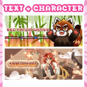 K&ouml;nnte beinhalten: Zwei digitale Banner-Designs mit Anime-Charakteren. Das obere Banner zeigt einen roten Panda mit Bambus, den Text RED PANDA GAMER und Social-Media-Handles. Das untere Banner zeigt einen Charakter mit Katzenohren und den Schriftzug Maciironii.