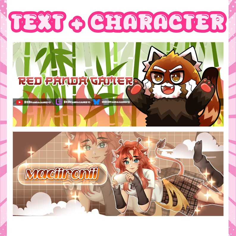 K&ouml;nnte beinhalten: Zwei digitale Banner-Designs mit Anime-Charakteren. Das obere Banner zeigt einen roten Panda mit Bambus, den Text RED PANDA GAMER und Social-Media-Handles. Das untere Banner zeigt einen Charakter mit Katzenohren und den Schriftzug Maciironii.