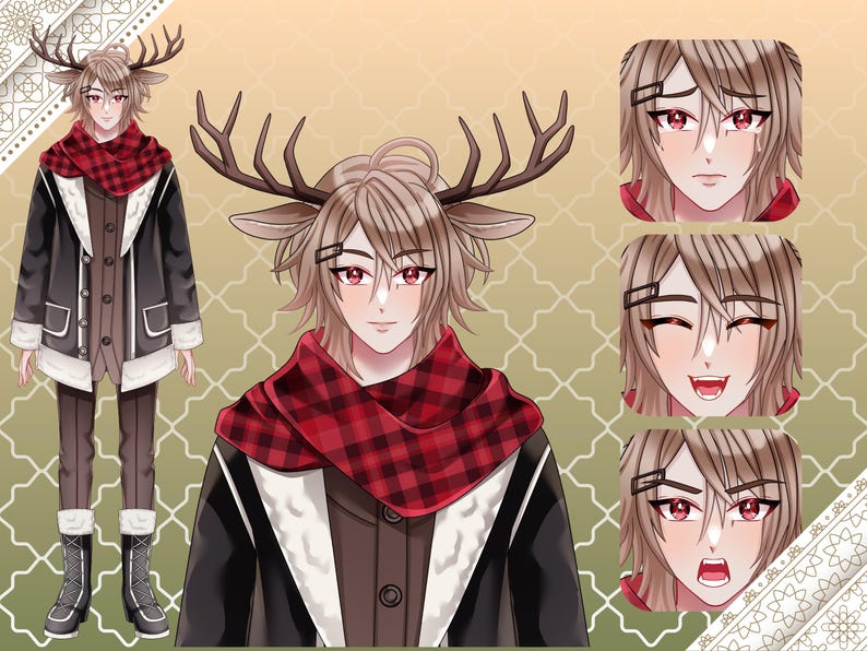 Anime deer boy VTuber model featuring antlers, winter fantasy outfit, multiple facial expressions, and full body Live2D character design for Twitch streaming, PNGTuber, and VTube Studio