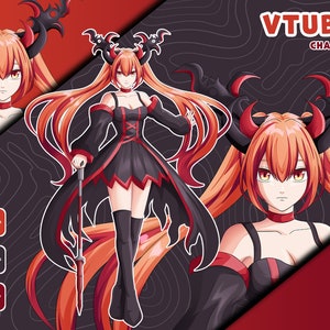 Dark fantasy anime VTuber character featuring a demon girl avatar with black horns, fiery orange hair, gothic outfit, and full body Live2D design for Twitch streaming, PNGTuber, and VTube Studio.