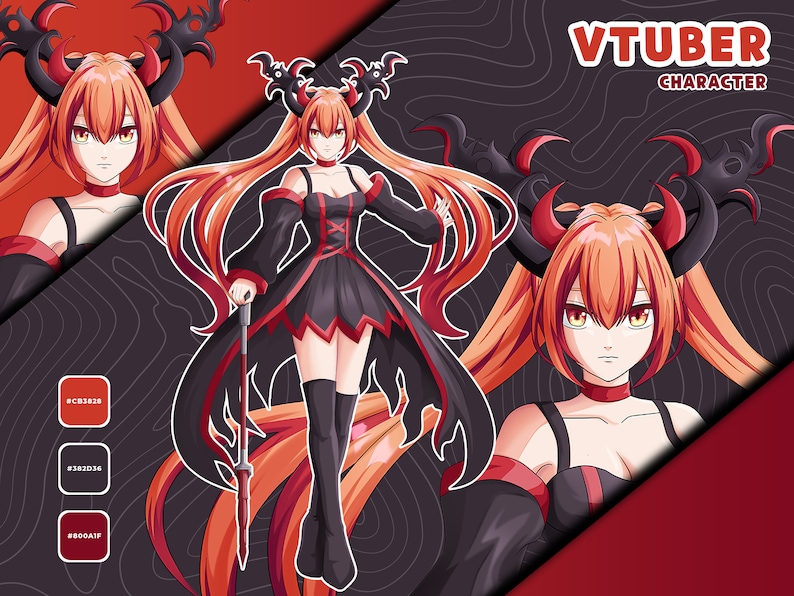 Dark fantasy anime VTuber character featuring a demon girl avatar with black horns, fiery orange hair, gothic outfit, and full body Live2D design for Twitch streaming, PNGTuber, and VTube Studio.
