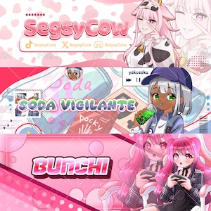 May include: A digital banner set featuring three distinct anime-style illustrations. The top panel displays the text SegsyCow with a cow-themed character. The middle panel shows Soda Vigilante with a character drinking soda. The bottom panel features the text BUNCHI with a character holding a gaming controller.