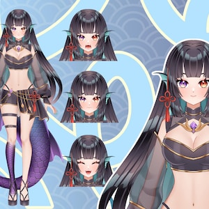 Anime mermaid VTuber model featuring a purple tail sea fantasy girl with multiple facial expressions, long black hair, and full body Live2D character design for Twitch streaming, PNGTuber, and VTube Studio