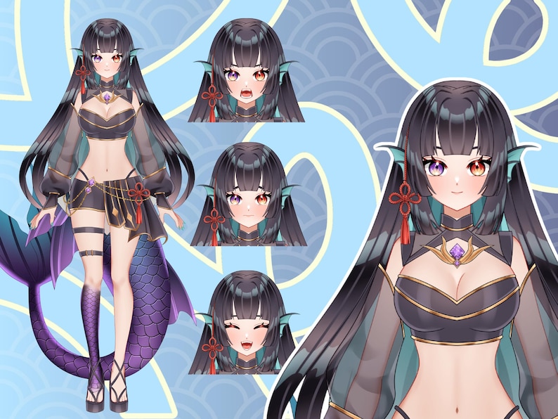 Anime mermaid VTuber model featuring a purple tail sea fantasy girl with multiple facial expressions, long black hair, and full body Live2D character design for Twitch streaming, PNGTuber, and VTube Studio