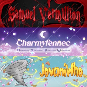 May include: A digital banner collage featuring three distinct sections. The top displays the red text Samuel Vermillion on a dark background. The middle shows Charmyfennec in white text with social media icons. The bottom features a gray tornado and the orange text Jovaniwho.