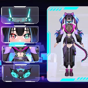 Cyberpunk anime VTuber model sheet featuring a fully rigged Live2D female avatar with futuristic outfit, cat ears, holographic accessories, custom expressions, and VTube Studio ready design for Twitch and YouTube streamers.