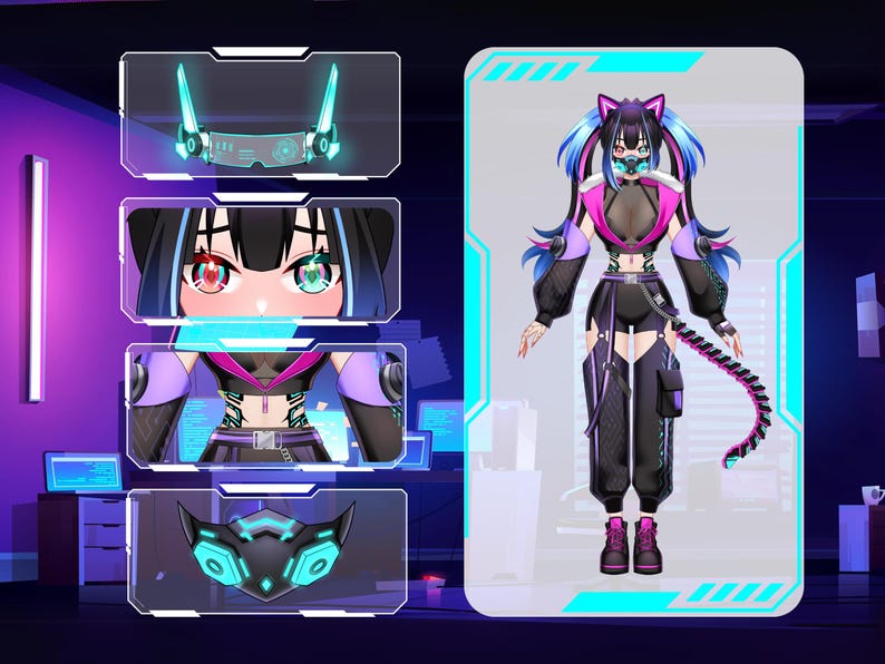 Cyberpunk anime VTuber model sheet featuring a fully rigged Live2D female avatar with futuristic outfit, cat ears, holographic accessories, custom expressions, and VTube Studio ready design for Twitch and YouTube streamers.