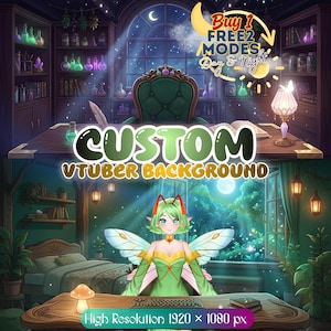 May include: A digital illustration featuring a custom VTuber background with two scenes: a study with bookshelves, a desk, and a chair, and a bedroom with a fairy character, a bed, and a window. Text includes Buy 1 FREE 2 MODES Day & Night, CUSTOM VTUBER BACKGROUND, and 1920 x 1080 px.