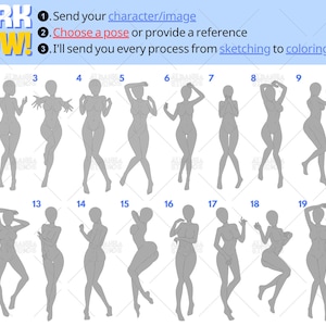 Custom Anime Dakimakura Pose Reference Sheet for Body Pillow Commission | Choose Your Waifu Pose for Personalized Anime Hug Pillow Cover | Dakimakura Workflow Guide with 20 Cute Anime Girl Pose Options
