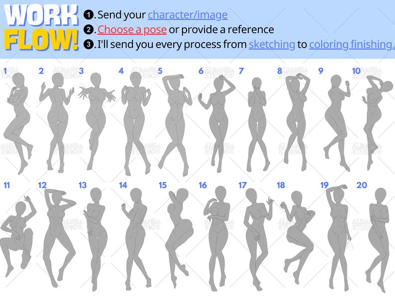 Custom Anime Dakimakura Pose Reference Sheet for Body Pillow Commission | Choose Your Waifu Pose for Personalized Anime Hug Pillow Cover | Dakimakura Workflow Guide with 20 Cute Anime Girl Pose Options