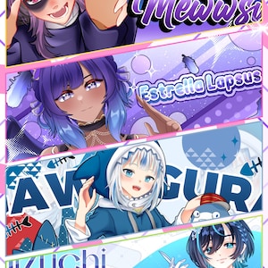 May include: A digital illustration featuring four distinct anime-style character panels. The top panel shows a character with purple hair, followed by a panel with the text Estrela Lapsus, a third panel with the text GAW GURA and a shark-themed character, and a bottom panel with the text Izuchi.