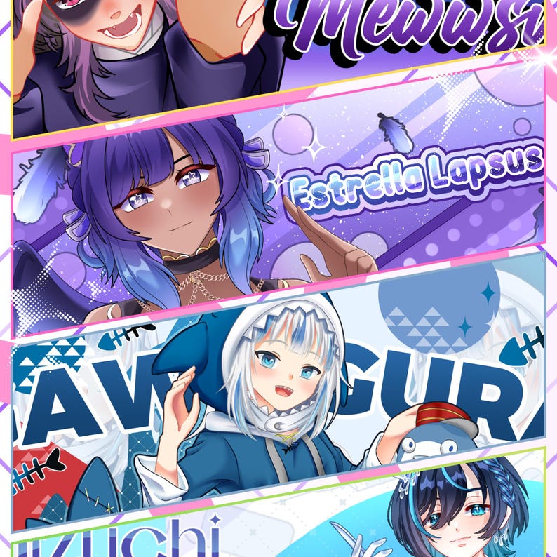 May include: A digital illustration featuring four distinct anime-style character panels. The top panel shows a character with purple hair, followed by a panel with the text Estrela Lapsus, a third panel with the text GAW GURA and a shark-themed character, and a bottom panel with the text Izuchi.