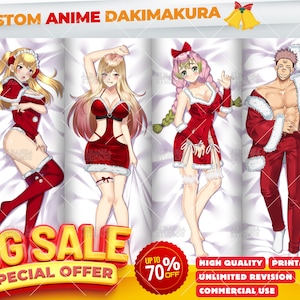 Christmas Custom Anime Dakimakura Body Pillow Commission Featuring Waifu and Husbando Characters in Santa Outfits | Personalized Anime Hug Pillow Cover Design | Cute Holiday Otaku Gift | High Quality Printable Dakimakura with Unlimited Revisions