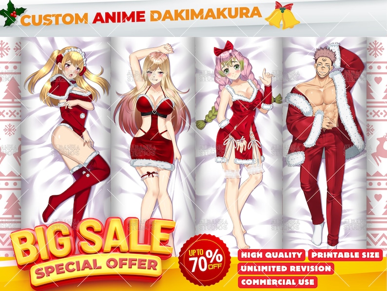Christmas Custom Anime Dakimakura Body Pillow Commission Featuring Waifu and Husbando Characters in Santa Outfits | Personalized Anime Hug Pillow Cover Design | Cute Holiday Otaku Gift | High Quality Printable Dakimakura with Unlimited Revisions