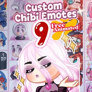Può includere: Una collezione di emote chibi personalizzate con uno schema di colori rosa e bianco. L'immagine presenta varie emote animate, inclusi personaggi con capelli blu e rosa, e il numero "9" in rosso.