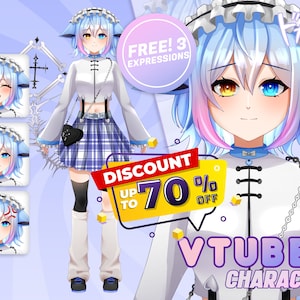 Custom kawaii VTuber avatar with pastel aesthetic, expressive anime emotions, maid-inspired outfit, and Live2D ready character design for Twitch and YouTube creators.