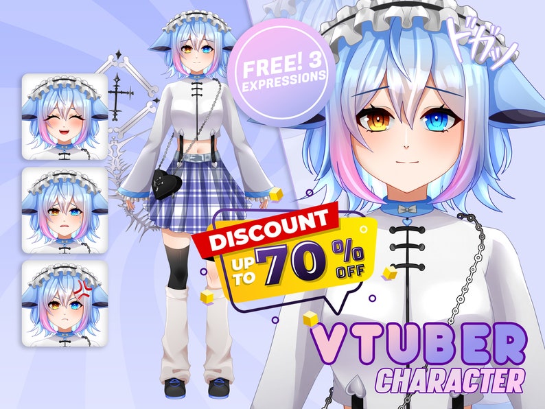 Custom kawaii VTuber avatar with pastel aesthetic, expressive anime emotions, maid-inspired outfit, and Live2D ready character design for Twitch and YouTube creators.