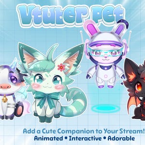 Cute VTuber pet showcase featuring animated fantasy companions, chibi mascots, robotic bunny, dragon creature, and kawaii animal designs for Twitch streaming, PNGTuber, and VTube Studio overlays