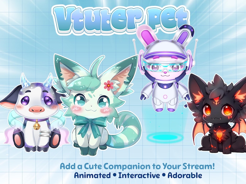 Cute VTuber pet showcase featuring animated fantasy companions, chibi mascots, robotic bunny, dragon creature, and kawaii animal designs for Twitch streaming, PNGTuber, and VTube Studio overlays