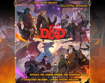 Puede incluir: Una ilustración digital con personajes de fantasía en un entorno D&D con textos superpuestos 100% HAND-DRAWN, UNLIMITED REVISION, Custom D&D, STRONG VISUAL STORYTELLING, SUITABLE FOR COVERS, POSTERS, AND CAMPAIGN BOOKS, 4 CHARACTERS INCLUDED.