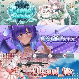 K&ouml;nnte beinhalten: Eine digitale Banner-Collage mit drei verschiedenen Illustrationen im Anime-Stil. Das obere Feld zeigt Leona Haruka mit einer kleinen Kreatur. Das mittlere Feld zeigt Estrella Lapsus mit violettem Haar. Das untere Feld zeigt Okami_ite mit einem Gewehr.