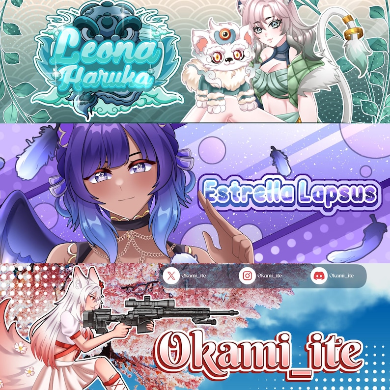 K&ouml;nnte beinhalten: Eine digitale Banner-Collage mit drei verschiedenen Illustrationen im Anime-Stil. Das obere Feld zeigt Leona Haruka mit einer kleinen Kreatur. Das mittlere Feld zeigt Estrella Lapsus mit violettem Haar. Das untere Feld zeigt Okami_ite mit einem Gewehr.
