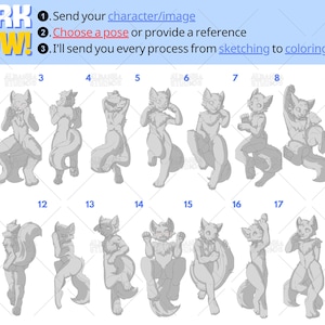 Furry Dakimakura Pose Reference Sheet for Custom Body Pillow Commission | Choose Your Cute Anthro or Kemono Pose for Personalized Furry Hug Pillow Cover | Furry Dakimakura Workflow Guide with 18 Adorable Pose Options