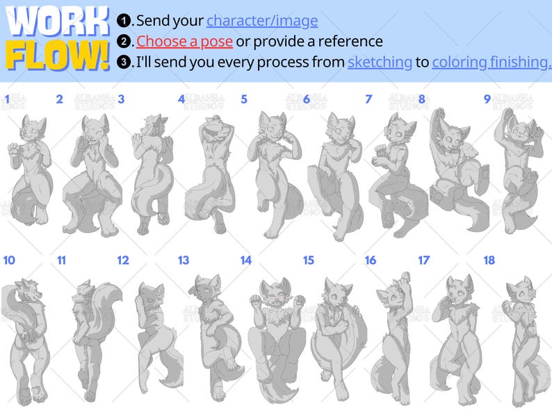 Furry Dakimakura Pose Reference Sheet for Custom Body Pillow Commission | Choose Your Cute Anthro or Kemono Pose for Personalized Furry Hug Pillow Cover | Furry Dakimakura Workflow Guide with 18 Adorable Pose Options