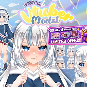 Puede incluir: Ilustraci&oacute;n que promociona un modelo VTuber personalizado. La imagen presenta un personaje de dibujos animados con cabello blanco y reflejos azules, vistiendo un atuendo azul. El texto incluye "Custom VTuber Model" y "Limited Offer!!!". La oferta incluye 3 expresiones, 3 emotes y un PFP headshot.
