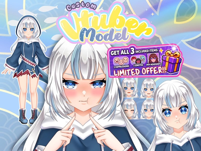 Puede incluir: Ilustraci&oacute;n que promociona un modelo VTuber personalizado. La imagen presenta un personaje de dibujos animados con cabello blanco y reflejos azules, vistiendo un atuendo azul. El texto incluye "Custom VTuber Model" y "Limited Offer!!!". La oferta incluye 3 expresiones, 3 emotes y un PFP headshot.