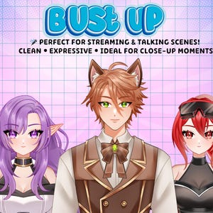 Anime VTuber bust up showcase featuring custom Live2D avatars with fantasy elf girl, fox boy, and cyberpunk anime girl designs for Twitch streaming, PNGTuber, talking scenes, and VTube Studio