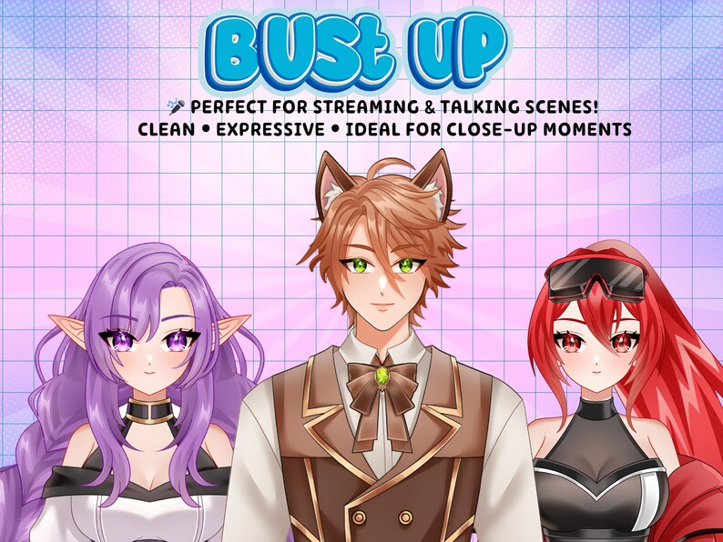 Anime VTuber bust up showcase featuring custom Live2D avatars with fantasy elf girl, fox boy, and cyberpunk anime girl designs for Twitch streaming, PNGTuber, talking scenes, and VTube Studio