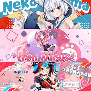 K&ouml;nnte beinhalten: Ein digitales Illustrationsbanner mit drei Anime-Charakteren. Das obere Feld zeigt einen wei&szlig;haarigen Charakter mit Katzenohren und dem Text Neko. Das mittlere Feld zeigt einen rosahaarigen Charakter mit dem Text Iron Mouse. Das untere Feld zeigt einen Charakter mit mehrfarbigen Haaren und dem Text Sei Shonagon und Sparkling Archer.