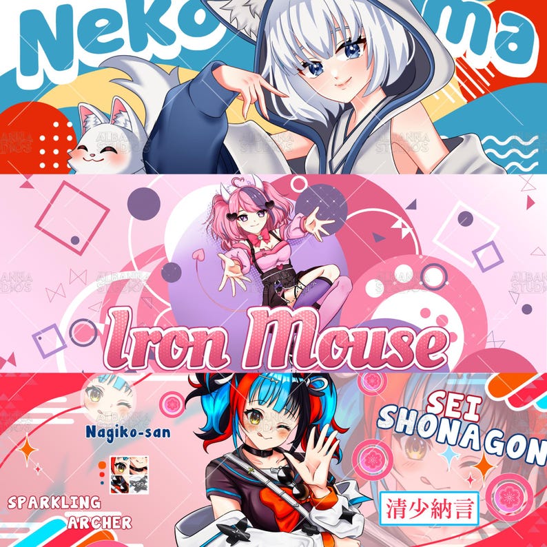 K&ouml;nnte beinhalten: Ein digitales Illustrationsbanner mit drei Anime-Charakteren. Das obere Feld zeigt einen wei&szlig;haarigen Charakter mit Katzenohren und dem Text Neko. Das mittlere Feld zeigt einen rosahaarigen Charakter mit dem Text Iron Mouse. Das untere Feld zeigt einen Charakter mit mehrfarbigen Haaren und dem Text Sei Shonagon und Sparkling Archer.